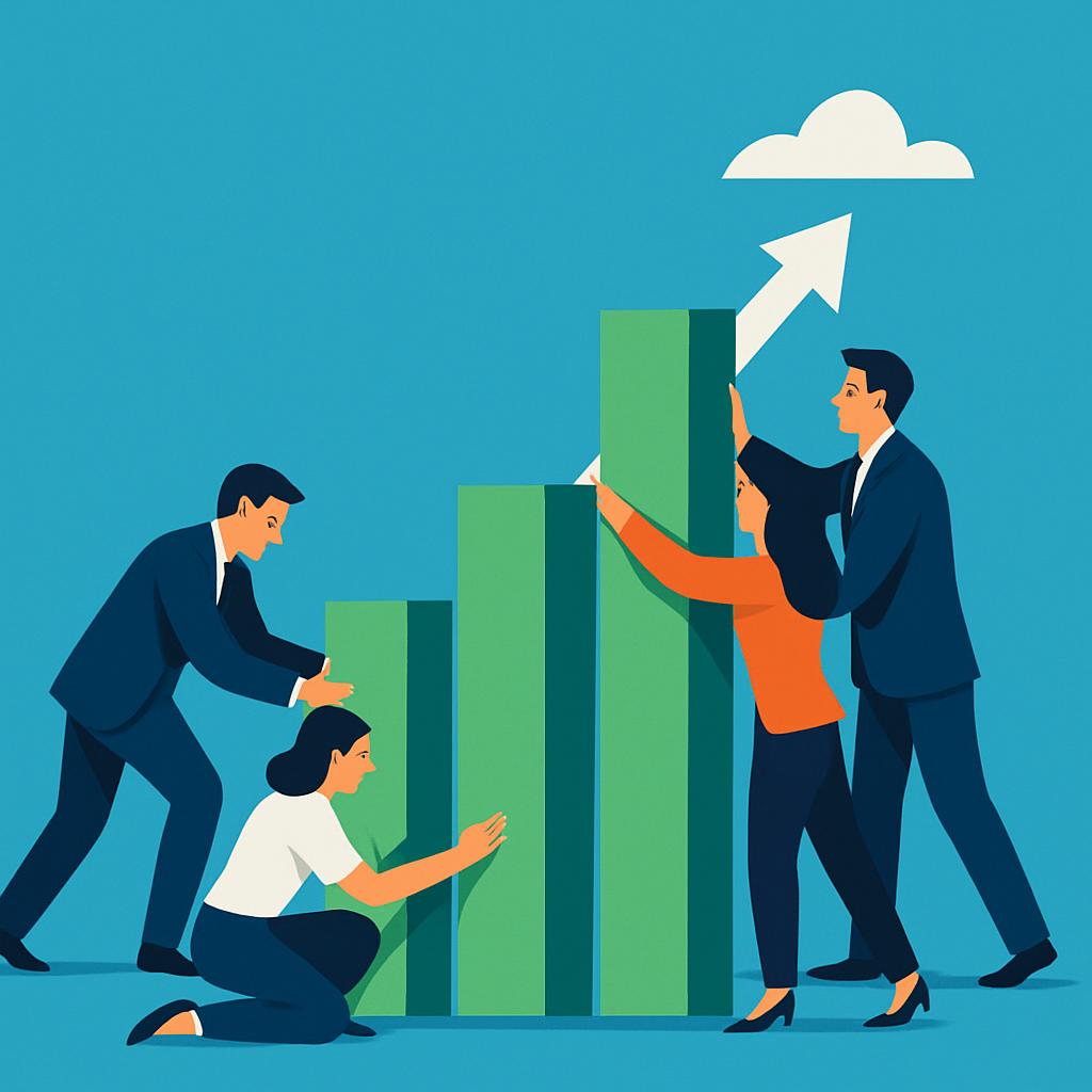 A group of business people positioning a green bar graph to show an upward trend, with a white arrow pointing upwards canc...